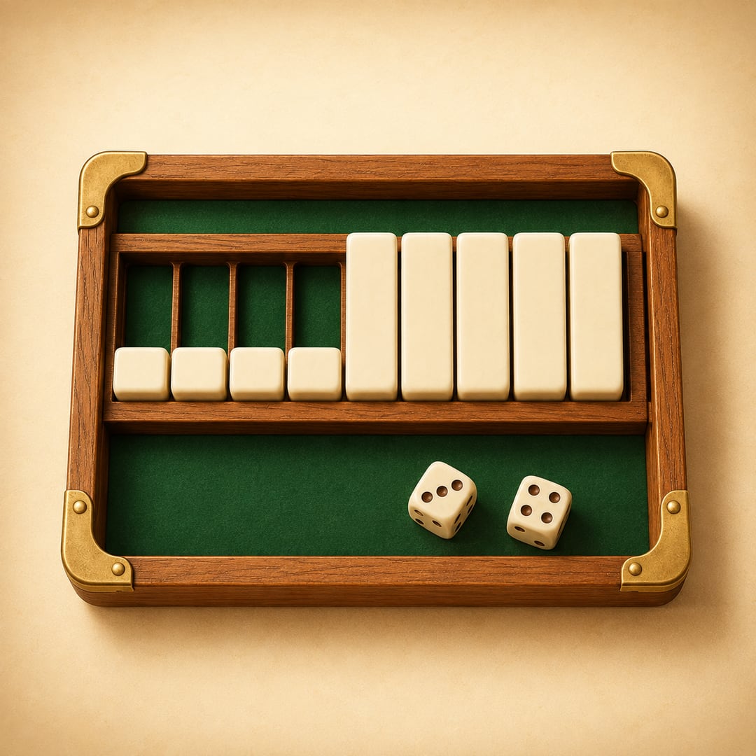 A Shut the Box board seen from above with four tiles shut and two dice resting on the green felt